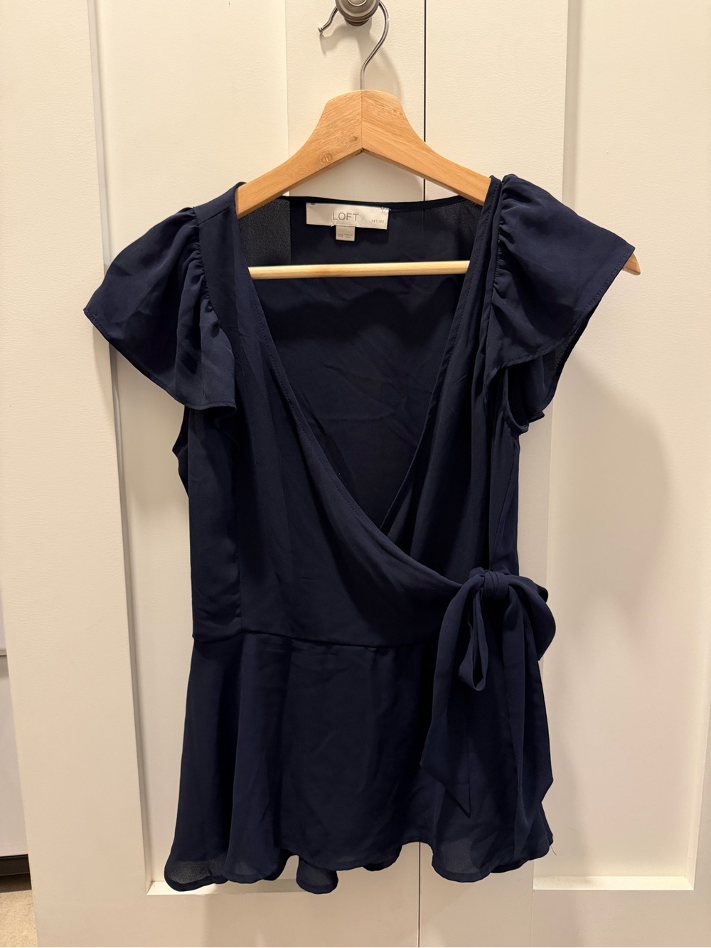 LOFT Navy Wrap Peplum Dress with Flutter Sleeves